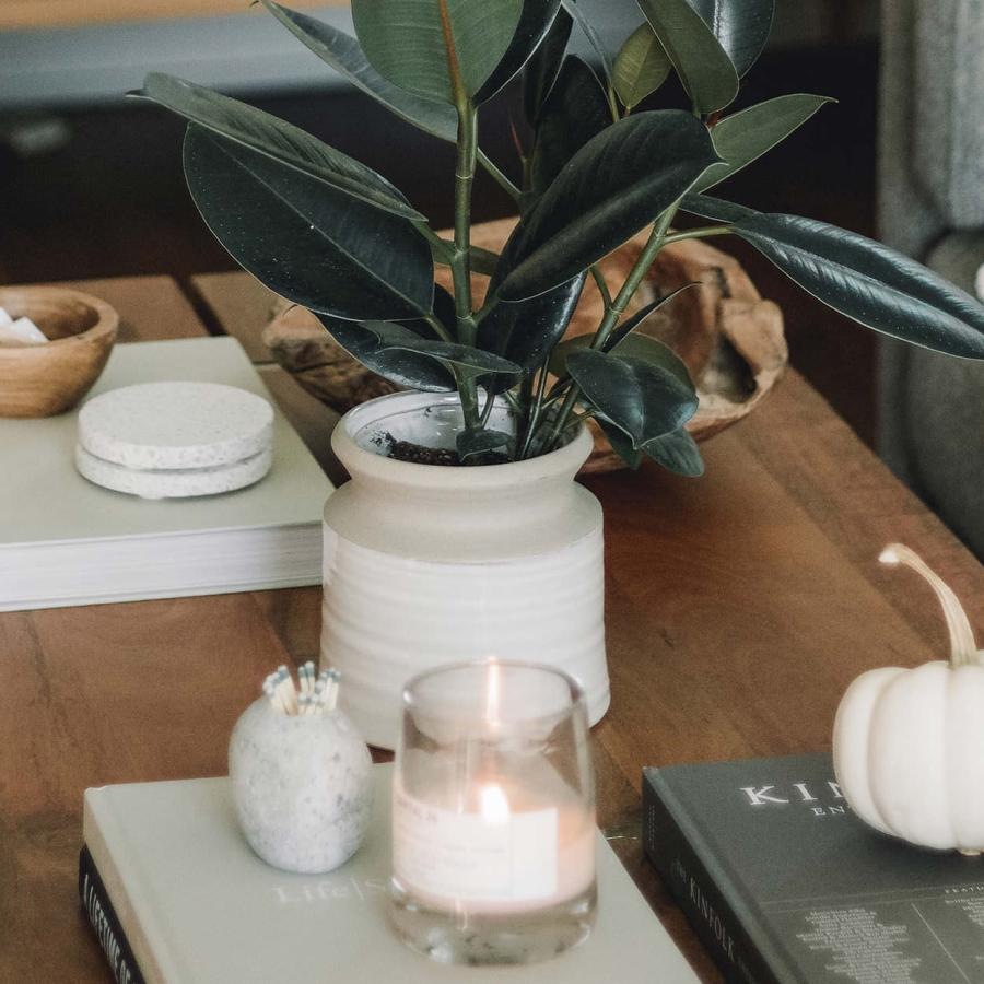 coffee table decorated with books, a potted plant, a candle and other knick-knacks