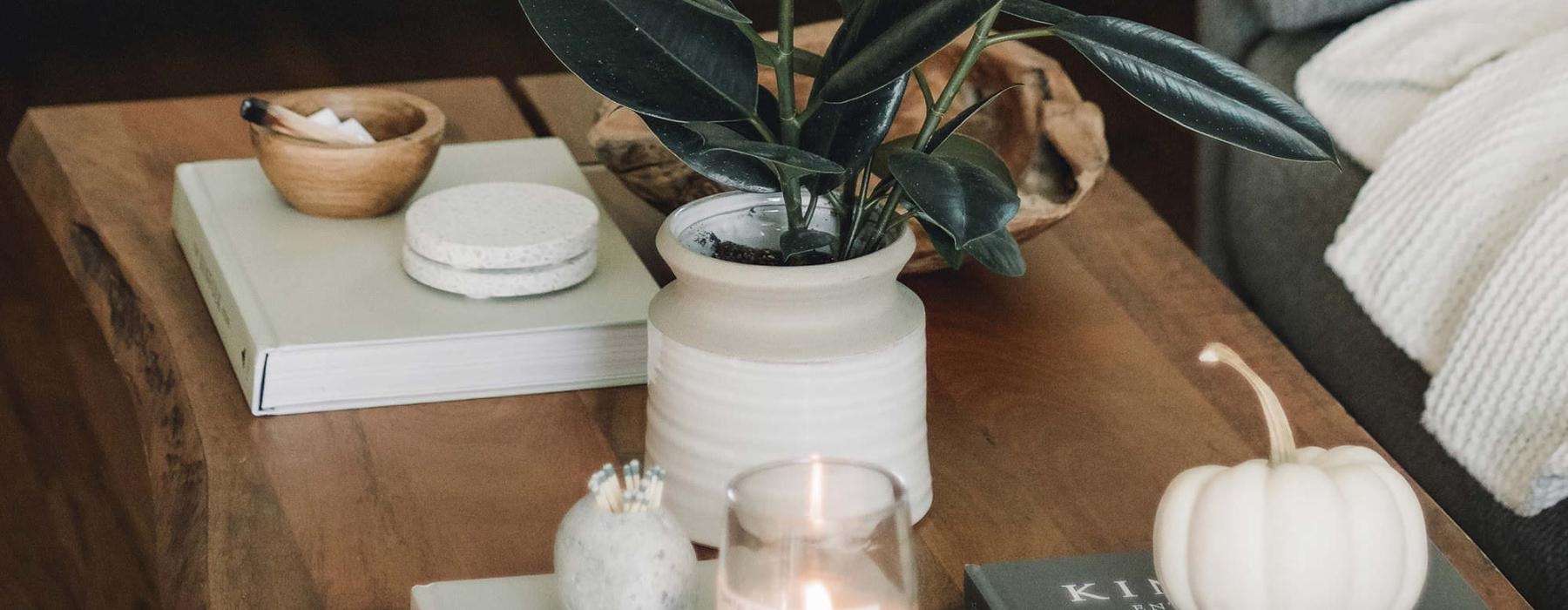 coffee table decorated with books, a potted plant, a candle and other knick-knacks